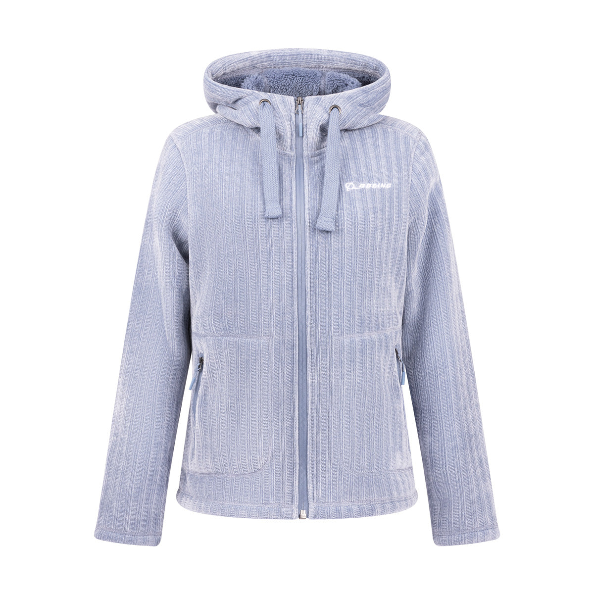 Boeing Women’s Full-Zip Chenille Hooded Fleece in periwinkle blue, featuring a textured finish, front pockets, and a chest logo.