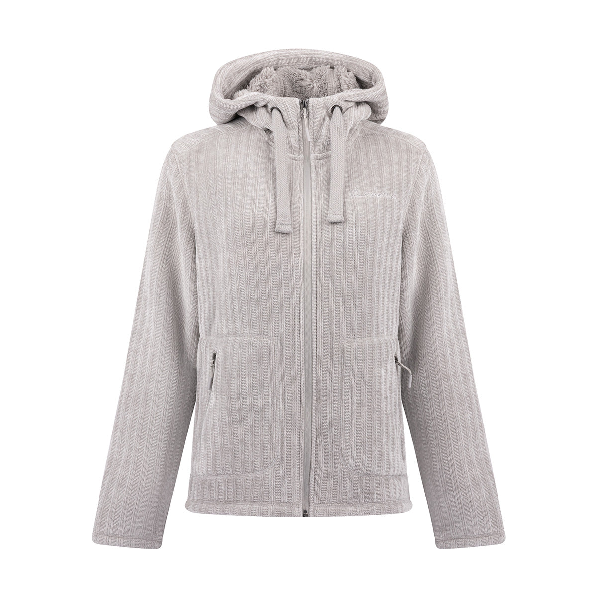 Light gray Boeing Women’s Full-Zip Chenille Hooded Fleece with a full-zip front, ribbed texture, and side pockets.