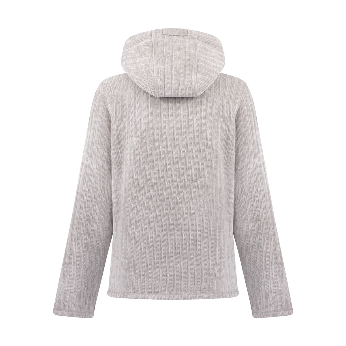 Back view of a light gray Boeing Women’s Full-Zip Chenille Hooded Fleece with a vertical ribbed texture.