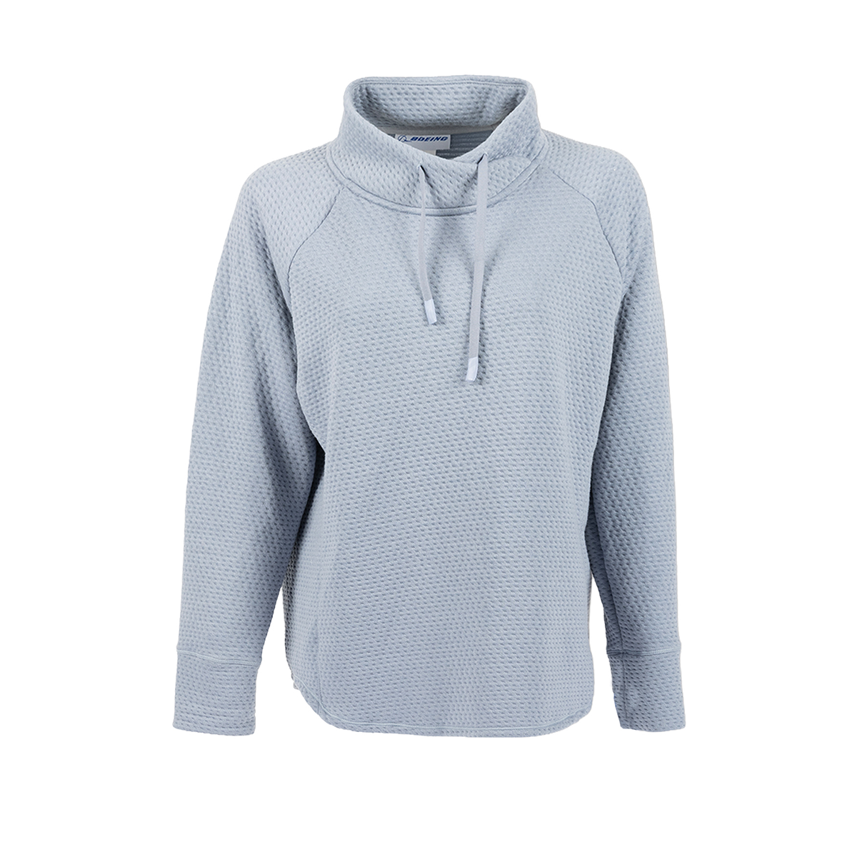 Light gray textured Boeing Women’s Cowl Neck Pullover featuring a cowl neck with a drawstring.