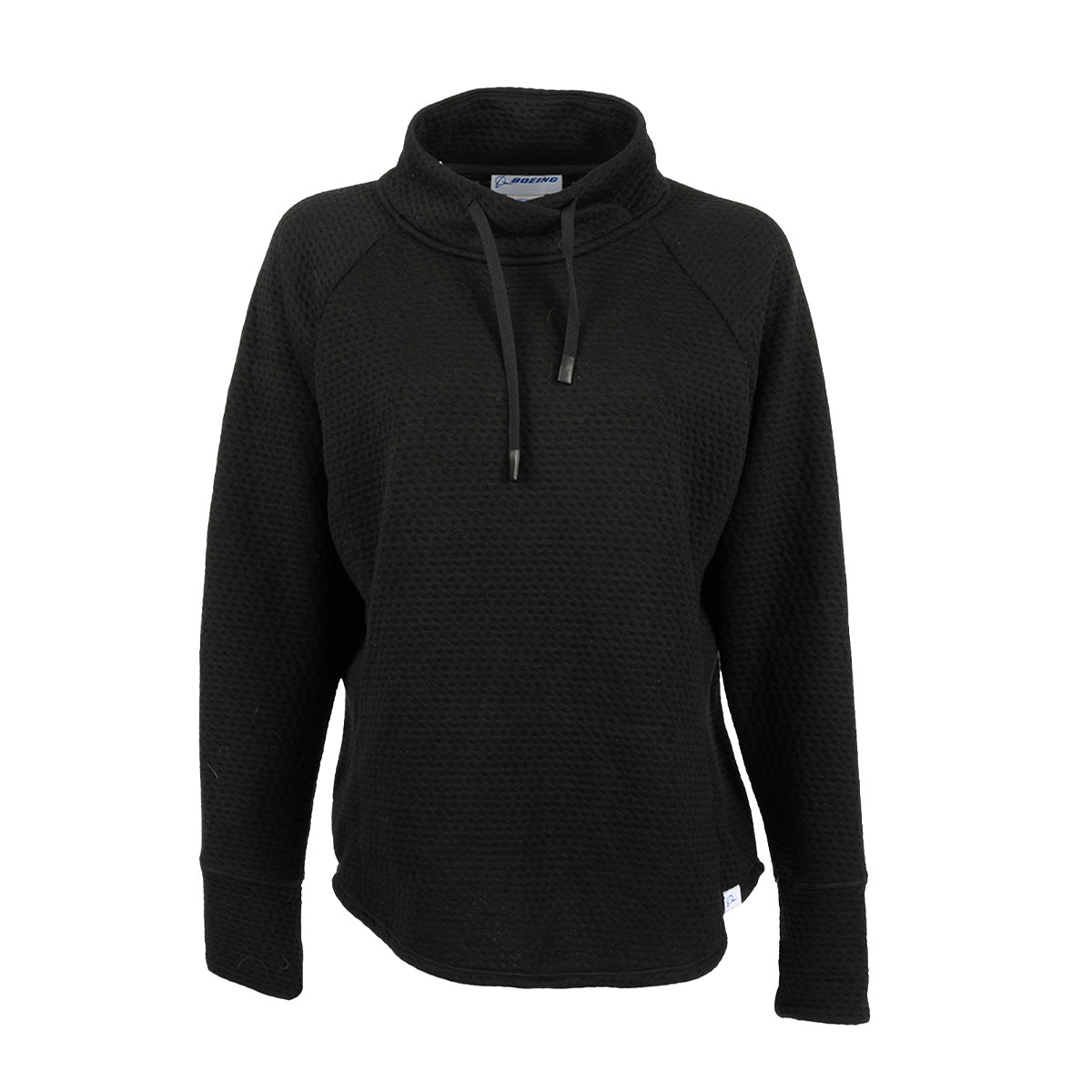 Black long-sleeved Boeing Women’s Cowl Neck Pullover with drawstrings.