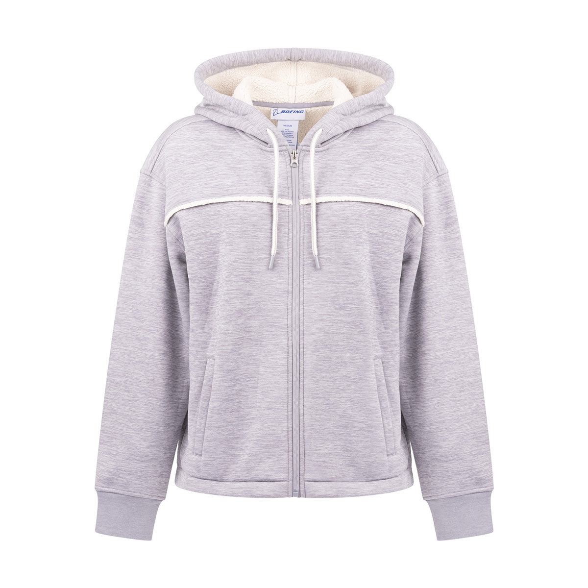 Light gray Boeing Women’s Luxe Plush Full-Zip Hoodie with white drawstrings and a cream-colored plush lining inside the hood.