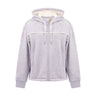 Light gray Boeing Women’s Luxe Plush Full-Zip Hoodie with white drawstrings and a cream-colored plush lining inside the hood.