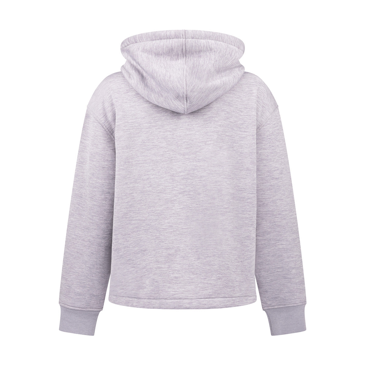 Back view of a light purple Boeing Women’s Luxe Plush Full-Zip Hoodie with a full-length front zipper.