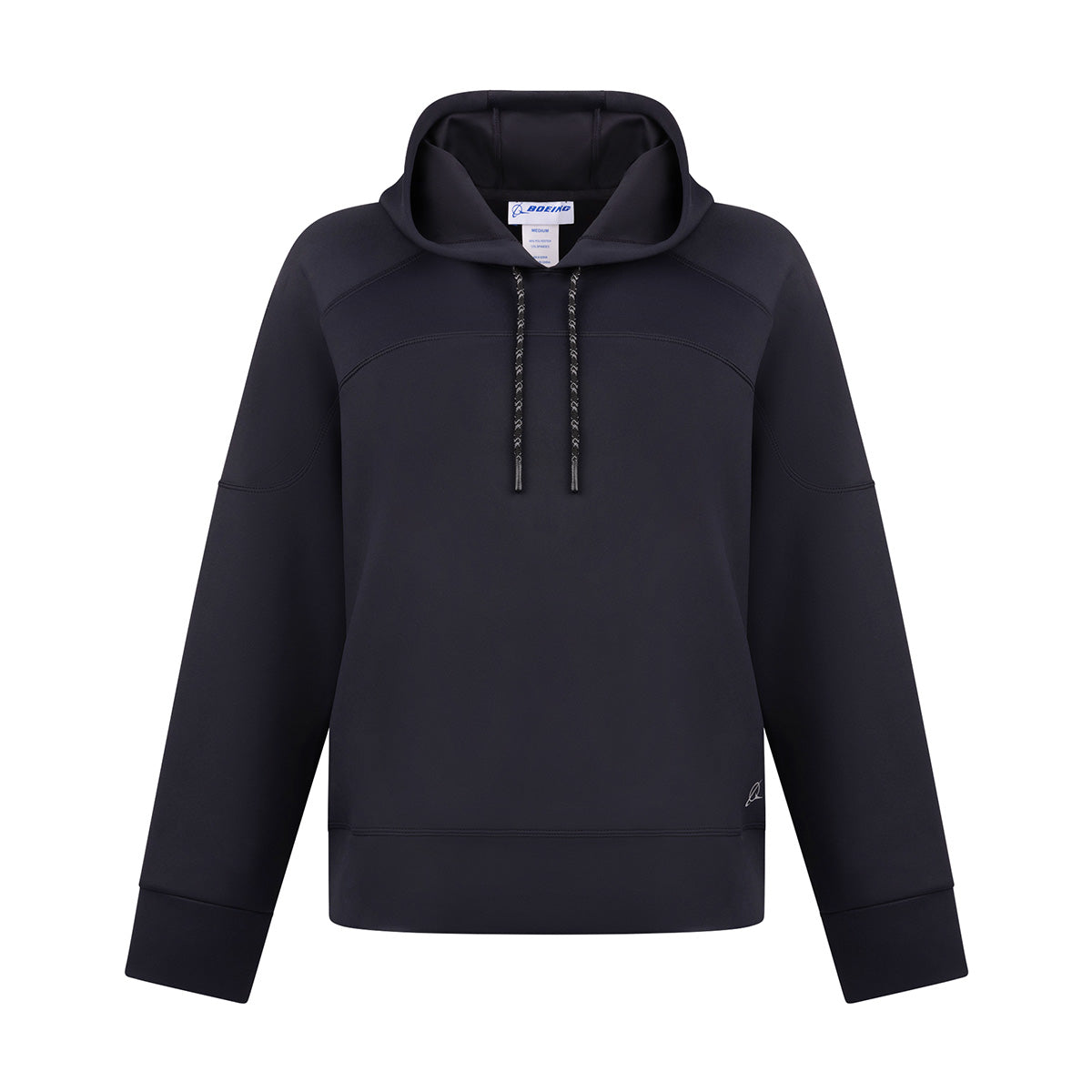Boeing Women’s Sueded Lush Hoodie in black, featuring a drawstring hood, long sleeves, and a luxurious, sueded texture.