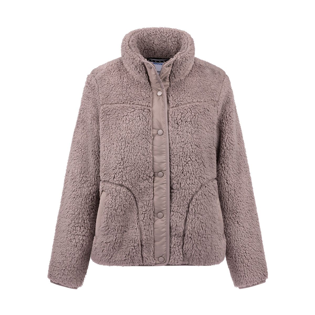 Mauve-colored Boeing Women’s Sierra Sherpa Pile Jacket with a high-pile texture, snap-button front closure, and stand-up collar.