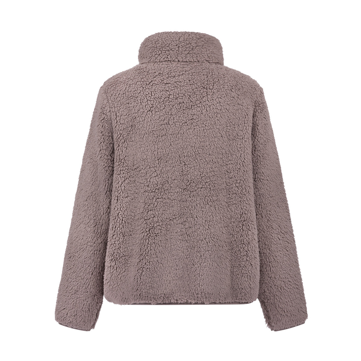 Back view of a mauve, long-sleeved, fuzzy Boeing Women’s Sierra Sherpa Pile Jacket with a high collar and a Boeing logo.