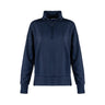 A navy blue Boeing Symbol Patch Women's Quarter-Zip by BOEING, featuring a high collar, quarter-zip front, and ribbed cuffs—its design inspired by aerospace heritage—displayed on a white background.
