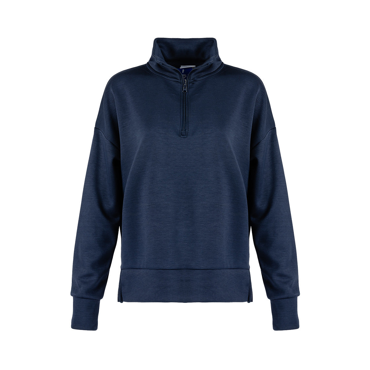 A navy blue Boeing Symbol Patch Women's Quarter-Zip by BOEING, featuring a high collar, quarter-zip front, and ribbed cuffs—its design inspired by aerospace heritage—displayed on a white background.