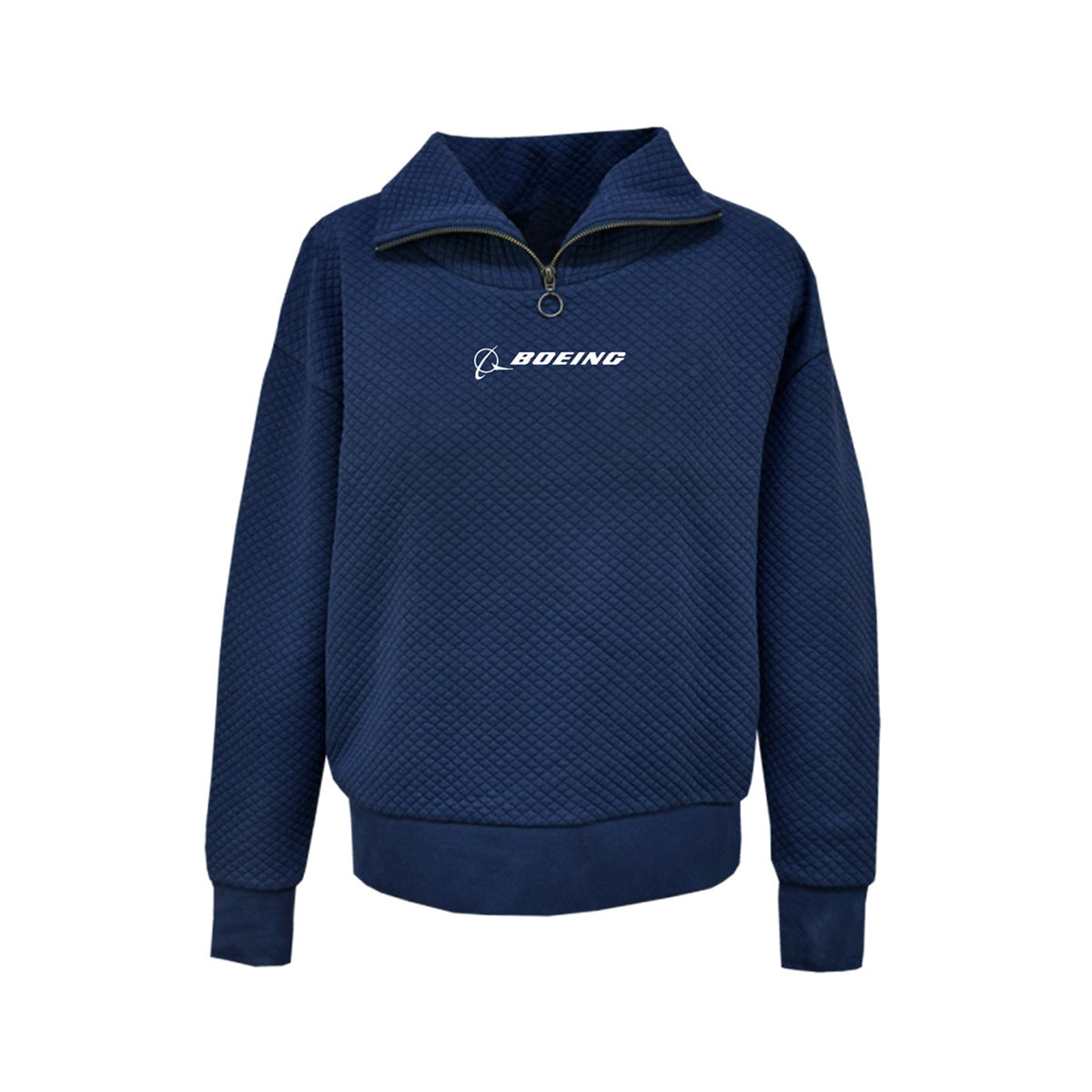 Sure! Here’s a rewritten version using the provided product data: The Boeing Signature Women’s Quilted Quarter-Zip by BOEING features a navy blue textured quilted design, with a white embroidered Boeing logo on the front and a quarter-zip collar. Designed in a regular fit, it includes ribbed sleeves and hem for enhanced comfort.