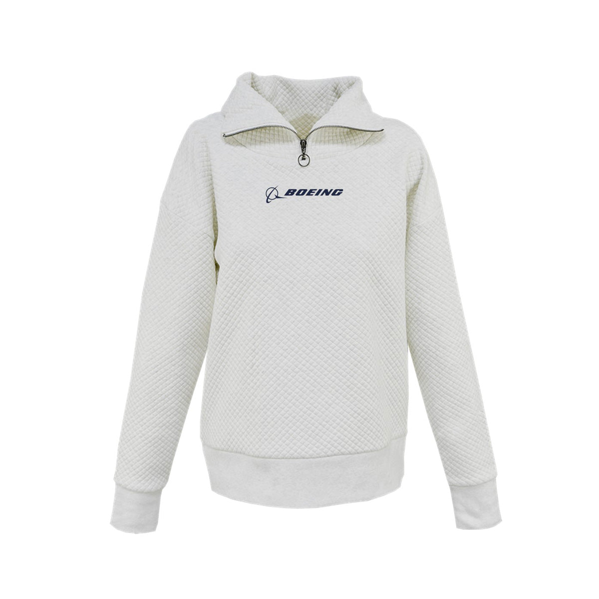 Introducing the Boeing Signature Women’s Quilted Quarter-Zip from BOEING—a light gray casual sweater designed with a quilted texture, front quarter-zip closure, and a relaxed fit for everyday comfort. This pullover hoodie features long sleeves and is finished with the Boeing logo embroidered in navy blue on the chest.