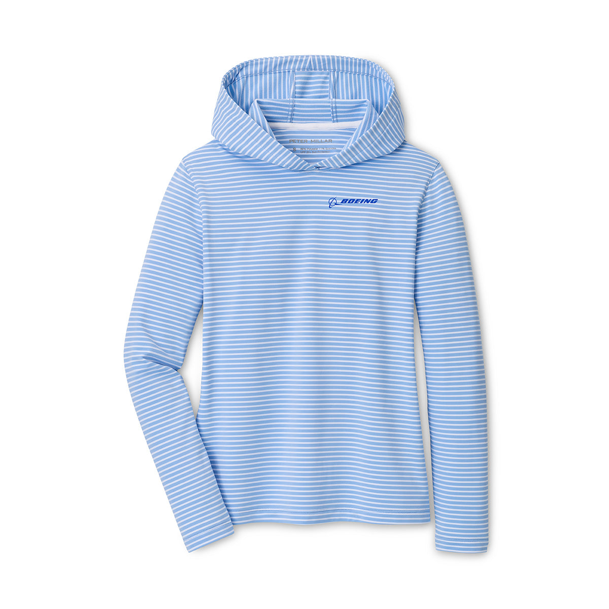 The Peter Millar Boeing Women’s Harbour Stripe Hoodie features light blue and white stripes, a long-sleeve hooded design, and the Boeing logo on the left chest. Made with moisture-wicking fabric for all-day comfort, this shirt is displayed on a white background.