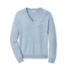 Peter Millar Boeing Women’s Solarspun Sport V-Neck Sweater in light blue, featuring long sleeves and ribbed cuffs, hem, and neckline. “BOEING” and a small logo are embroidered in white on the left chest. Crafted from moisture-wicking fabric by BOEING, the sweater is laid flat on a white background.