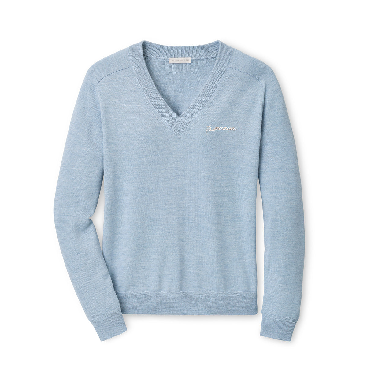 Peter Millar Boeing Women’s Solarspun Sport V-Neck Sweater in light blue, featuring long sleeves and ribbed cuffs, hem, and neckline. “BOEING” and a small logo are embroidered in white on the left chest. Crafted from moisture-wicking fabric by BOEING, the sweater is laid flat on a white background.