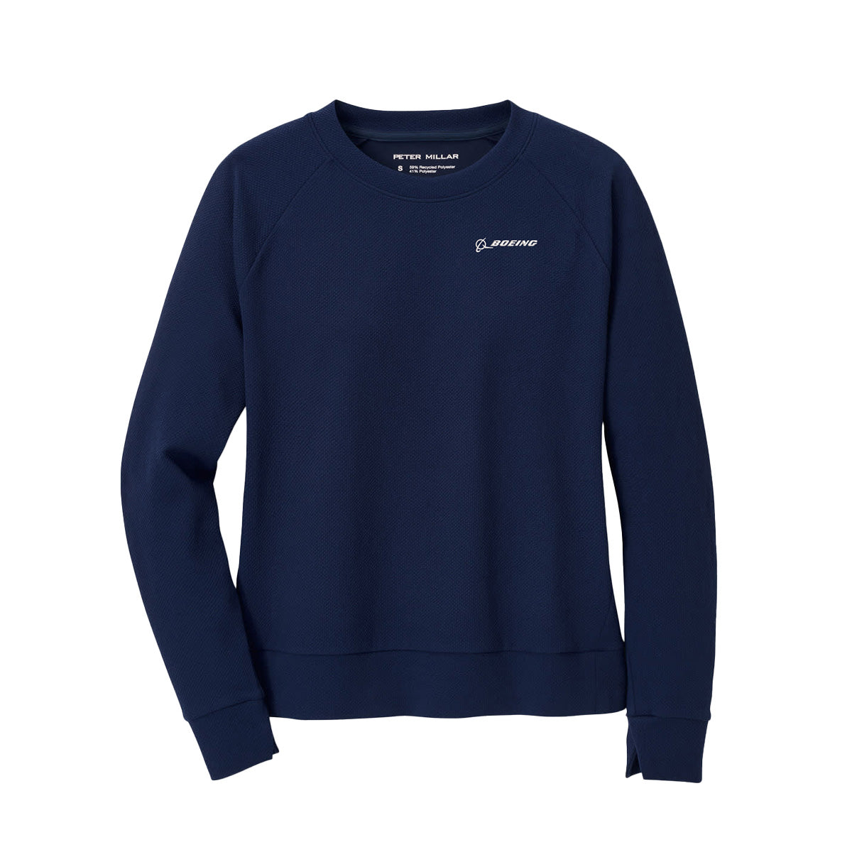 Introducing the Peter Millar Boeing Women’s Lumi-Knit Performance Crewneck—a navy blue long-sleeve sweatshirt featuring a small white Boeing logo on the upper left chest. Expertly crafted from exceptionally soft Japanese fabric, this crewneck offers superior comfort along with a casual yet refined style.