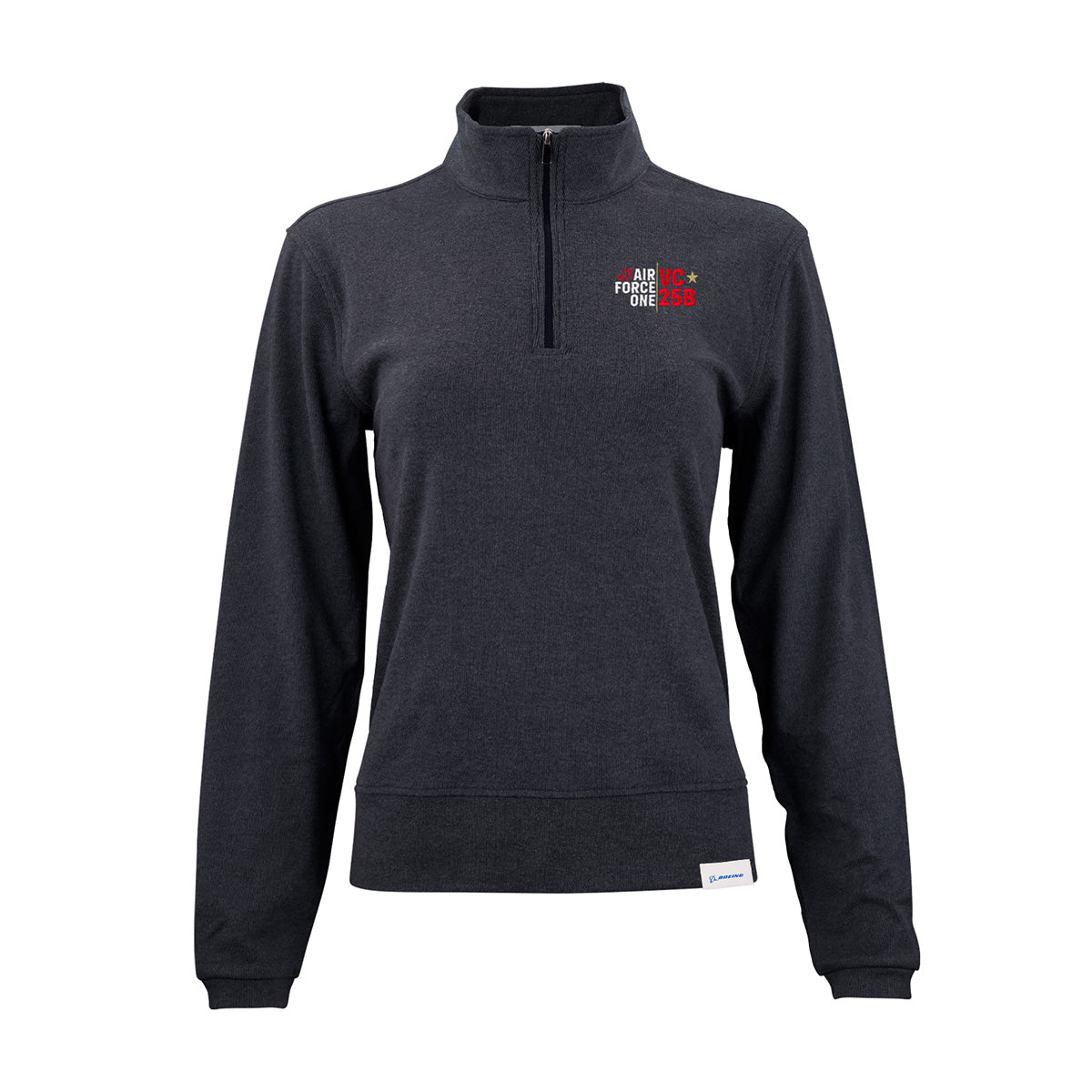 Introducing the Boeing VC-25B Women’s Luxe Quarter-Zip from BOEING—a dark gray, long-sleeve pullover made with moisture-wicking fabric for all-day comfort. Featuring “AIR FORCE ONE” and a bold red “2458” printed on the left chest, alongside three stars and a subtle VC-25B logo. Finished with a small white tag on the lower left hem, this piece of Boeing apparel is perfect for any aviation enthusiast.