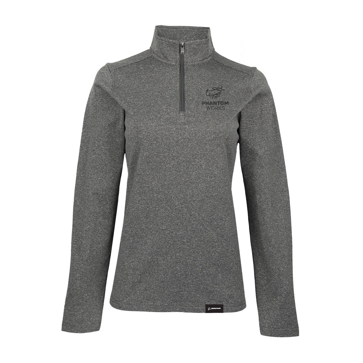 Dark gray textured Boeing Phantom Works Women’s Quarter-Zip Pullover with the Phantom Works logo on the chest and a small brand tag at the hem.