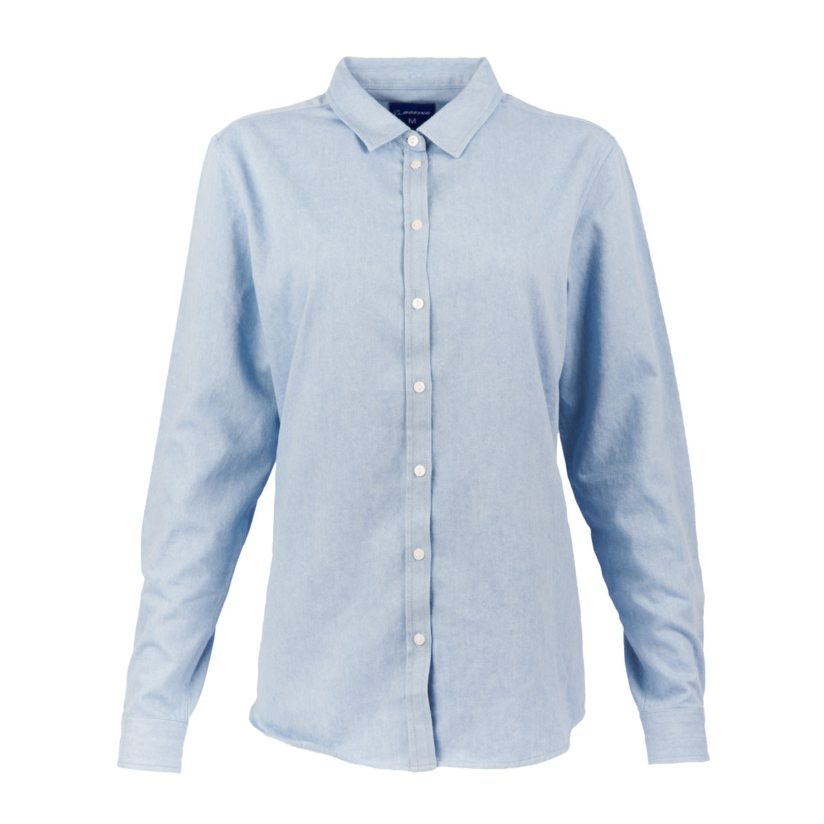The Boeing Stores Boeing Rosie Womens Chambray Shirt is front-facing, light blue, long-sleeve with a collar. Crafted from soft, lightweight fabric and featuring white buttons, this classic piece is perfect for any occasion. Final sale and non-returnable for unbeatable style at a great price.
