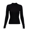 The Boeing Stores Glyder Boeing Womens Ruby Mock-Neck Long-Sleeve is a versatile, black, form-fitting top with a stylish mock neck. Made from chic ribbed fabric, its perfect for workouts or as an underlayer. Displayed on a white background, it enhances any wardrobe.