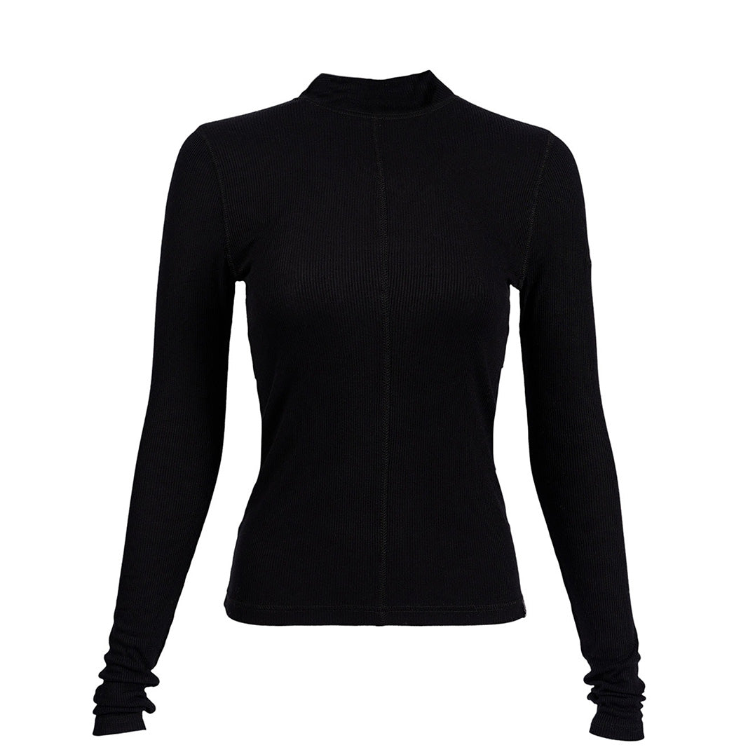 The Boeing Stores Glyder Boeing Womens Ruby Mock-Neck Long-Sleeve is a versatile, black, form-fitting top with a stylish mock neck. Made from chic ribbed fabric, its perfect for workouts or as an underlayer. Displayed on a white background, it enhances any wardrobe.