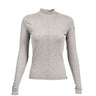 The Glyder Boeing Womens Ruby Mock-Neck Long-Sleeve from The Boeing Store is a stylish gray ribbed turtleneck sweater featuring a fitted cut and slightly raised collar, offering simple elegance and multifunctional appeal for any occasion.