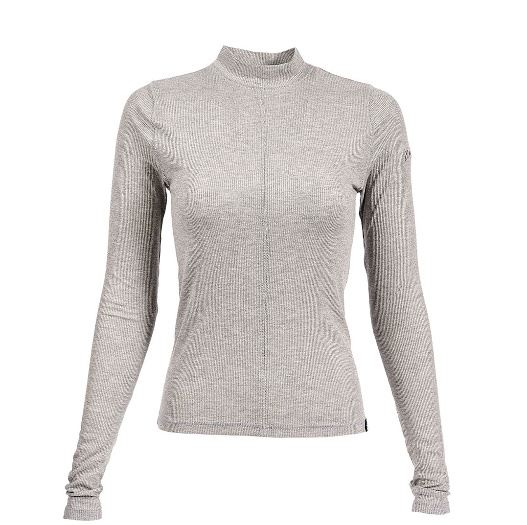 The Glyder Boeing Womens Ruby Mock-Neck Long-Sleeve from The Boeing Store is a stylish gray ribbed turtleneck sweater featuring a fitted cut and slightly raised collar, offering simple elegance and multifunctional appeal for any occasion.