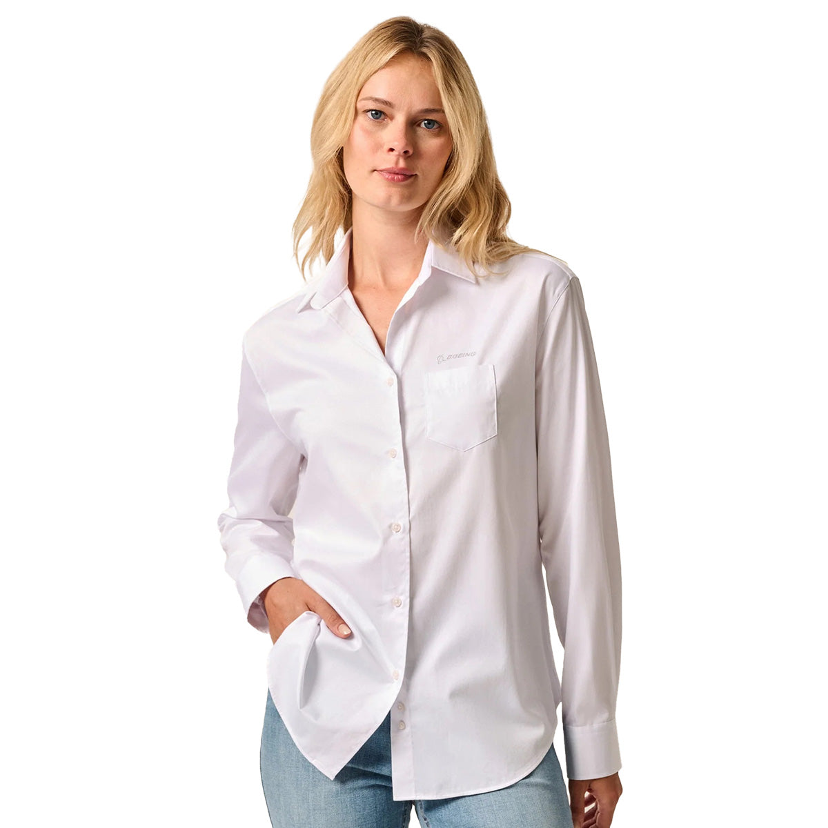 A woman in a BOEING johnnie-O Women’s Jess Button-Down Shirt with a relaxed fit.