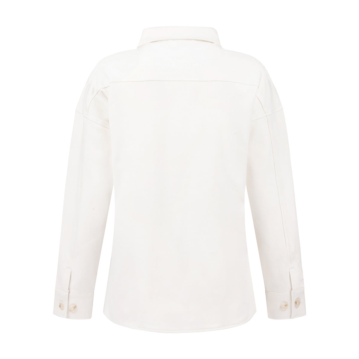 Back view of the Boeing Women’s Journey Overshirt by BOEING. This long-sleeve white button-up features a collar, two buttoned cuffs, slightly curved hem, and is crafted from smooth polyester spandex for comfort.