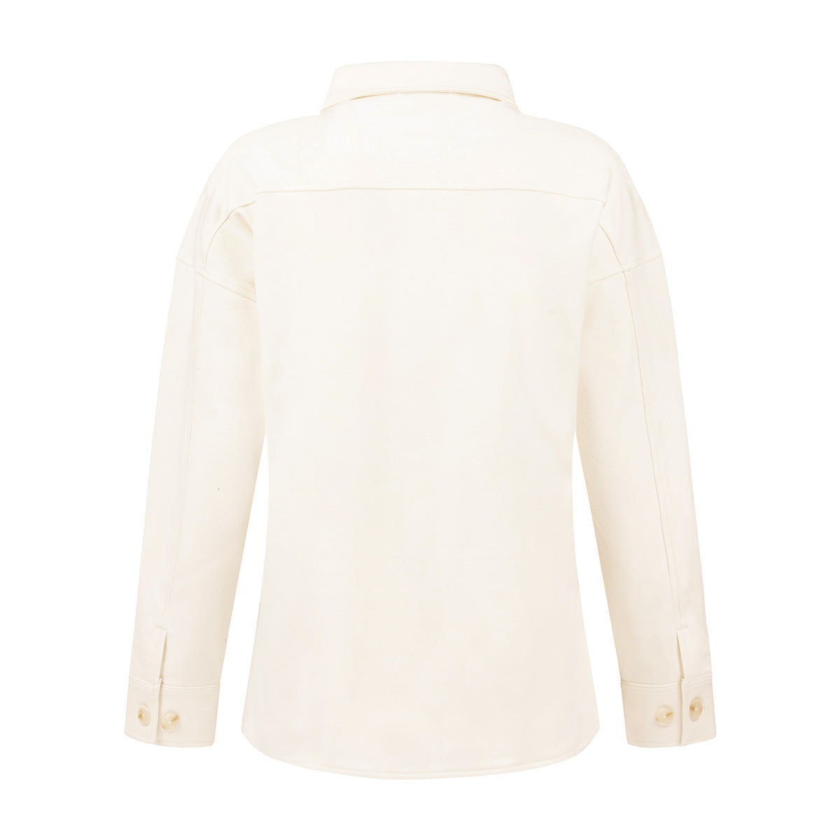 Back view of the Boeing Women’s Journey Overshirt, an off-white polyester spandex fleece garment featuring a collar and buttoned cuffs.