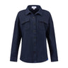 The Boeing Women’s Journey Overshirt by BOEING is a navy blue, long-sleeve button-up with two chest pockets and a collar, crafted from soft polyester spandex and shown on a white background.