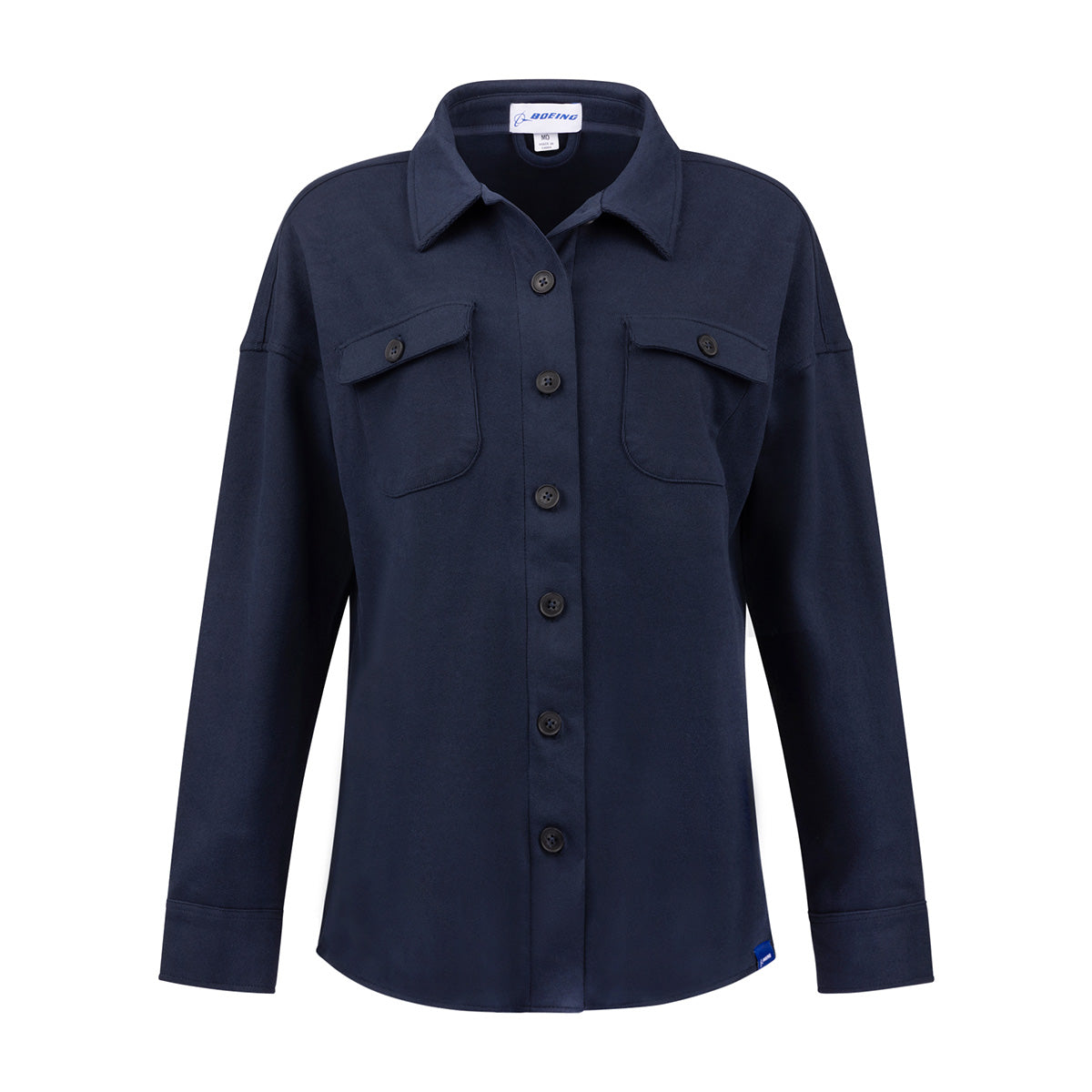 The Boeing Women’s Journey Overshirt by BOEING is a navy blue, long-sleeve button-up with two chest pockets and a collar, crafted from soft polyester spandex and shown on a white background.
