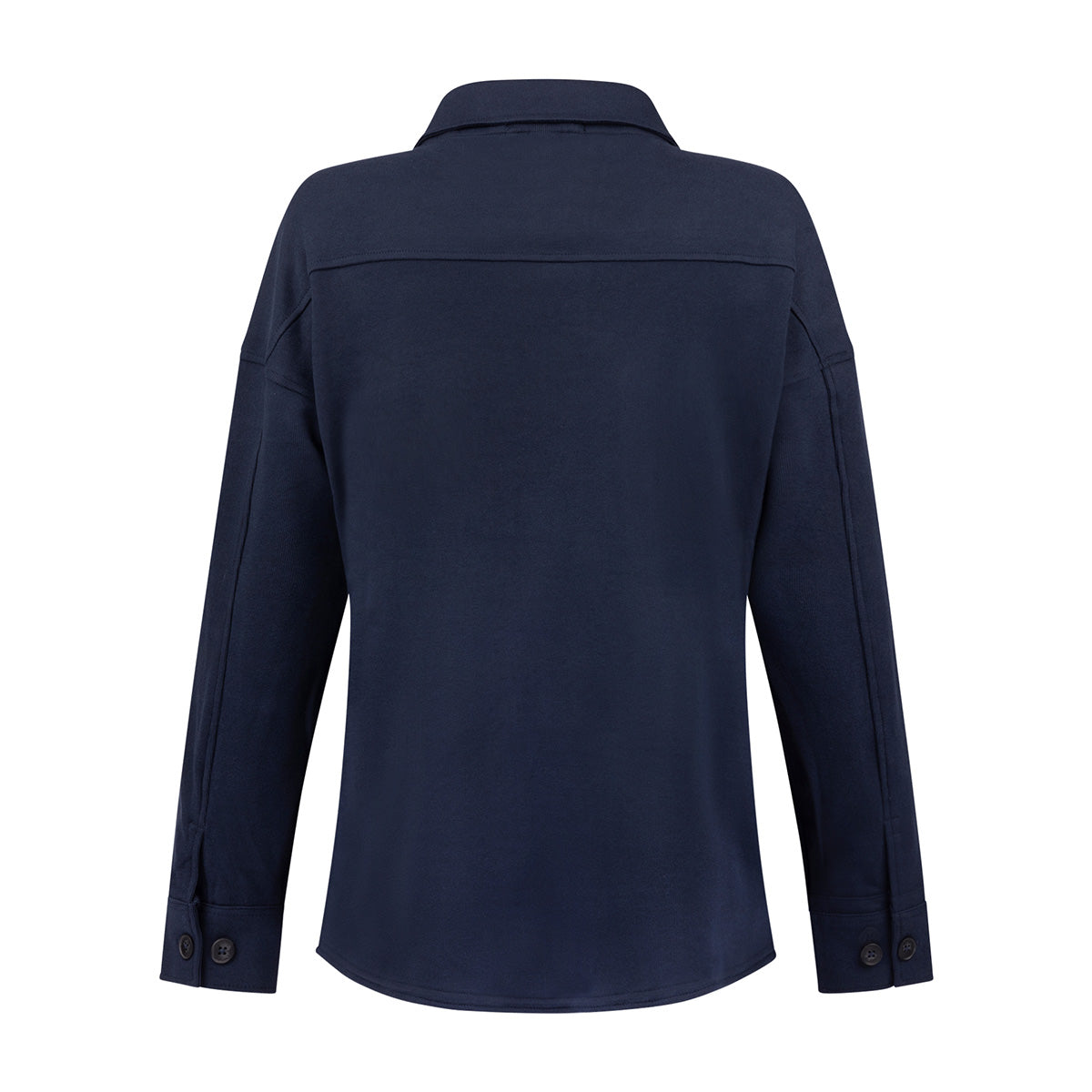 Boeing Women’s Journey Overshirt by BOEING in navy blue, shown from the back with a collar, buttoned cuffs, and straight hem. Made from lightweight fleece polyester spandex for comfort and style.