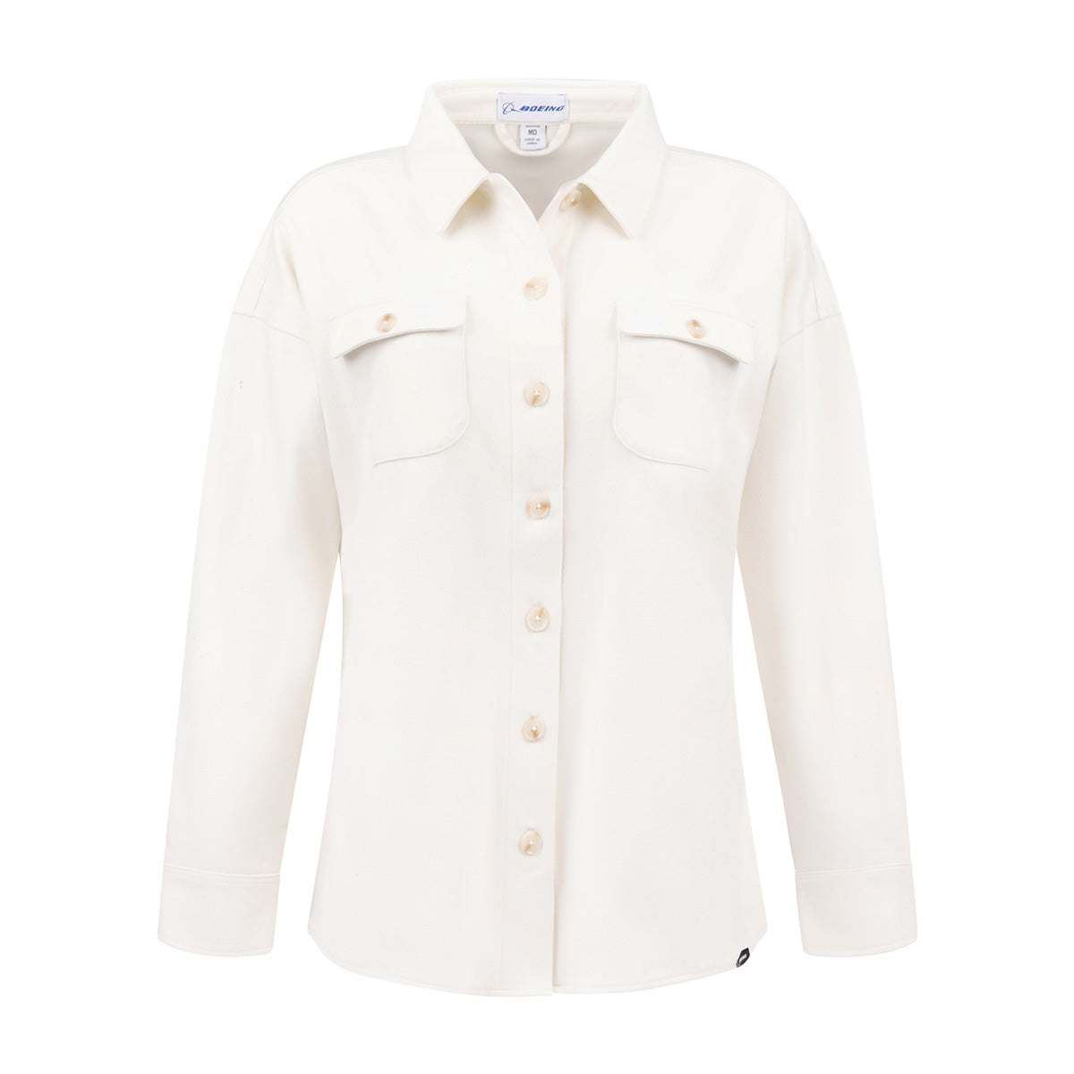 The Boeing Women’s Journey Overshirt by BOEING is an off-white, long-sleeve fleece shirt with two chest pockets and a collar, shown on a plain white background.