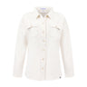 The Boeing Women’s Journey Overshirt by BOEING is an off-white, long-sleeve fleece shirt with two chest pockets and a collar, shown on a plain white background.