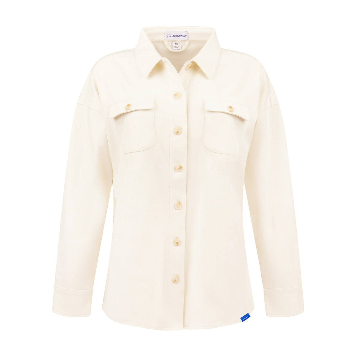 Boeing Women’s Journey Overshirt in off-white polyester spandex fleece, featuring long sleeves, two chest pockets, and a small blue tag at the hem.