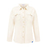 Boeing Women’s Journey Overshirt in off-white polyester spandex fleece, featuring long sleeves, two chest pockets, and a small blue tag at the hem.