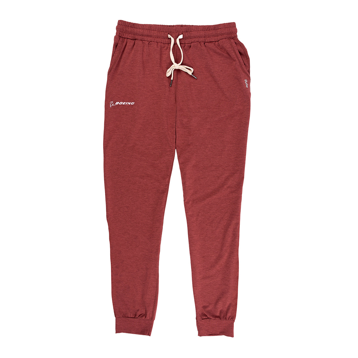 The Glyder Boeing Women's Serene Joggers in maroon feature MARBLED JERSEY fabric, a drawstring waistband, cuffed ankles, and the Boeing logo on the left thigh, shown laid flat on a white background.
