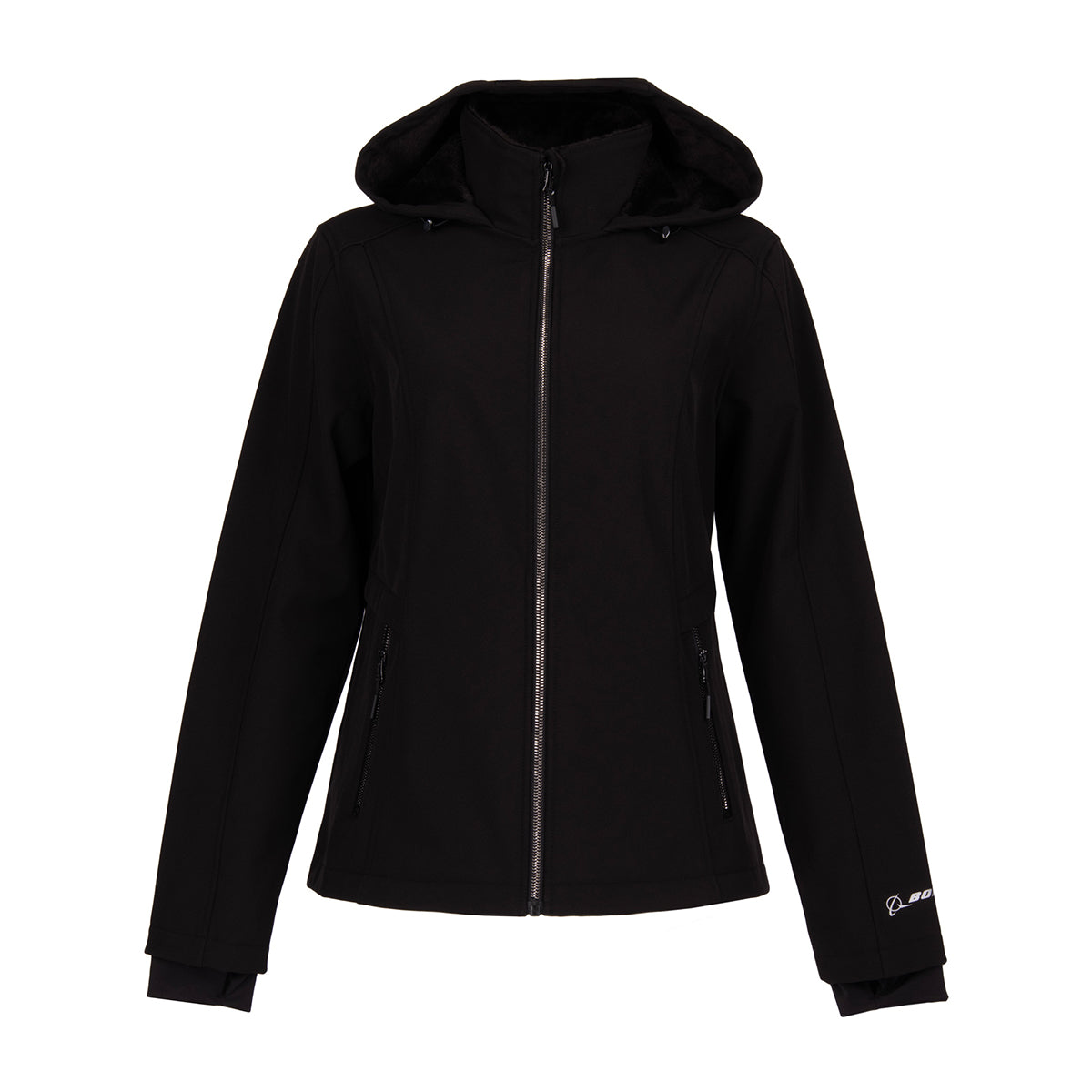 Black, water-resistant Boeing Women’s Softshell Jacket featuring a hood, front zipper, two zippered pockets, and a small logo on the left cuff.