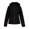 Black, water-resistant Boeing Women’s Softshell Jacket featuring a hood, front zipper, two zippered pockets, and a small logo on the left cuff.