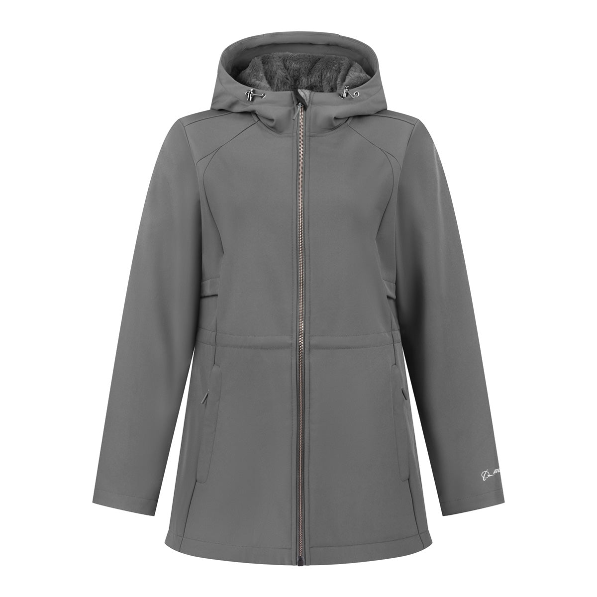 Gray Boeing Women’s 3/4 Length Softshell Jacket featuring a front zipper, hood with faux fur lining, and wind-resistant fabric.