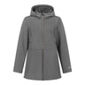 Gray Boeing Women’s 3/4 Length Softshell Jacket featuring a front zipper, hood with faux fur lining, and wind-resistant fabric.