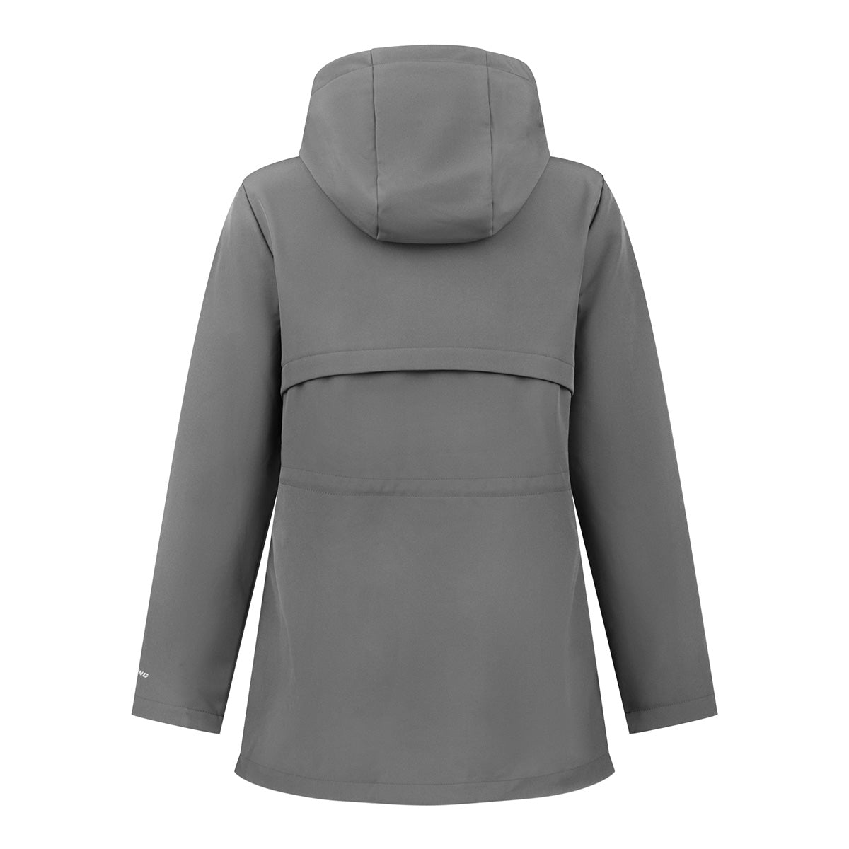 Back view of the gray, water-resistant Boeing Women’s 3/4 Length Softshell Jacket with a hood.