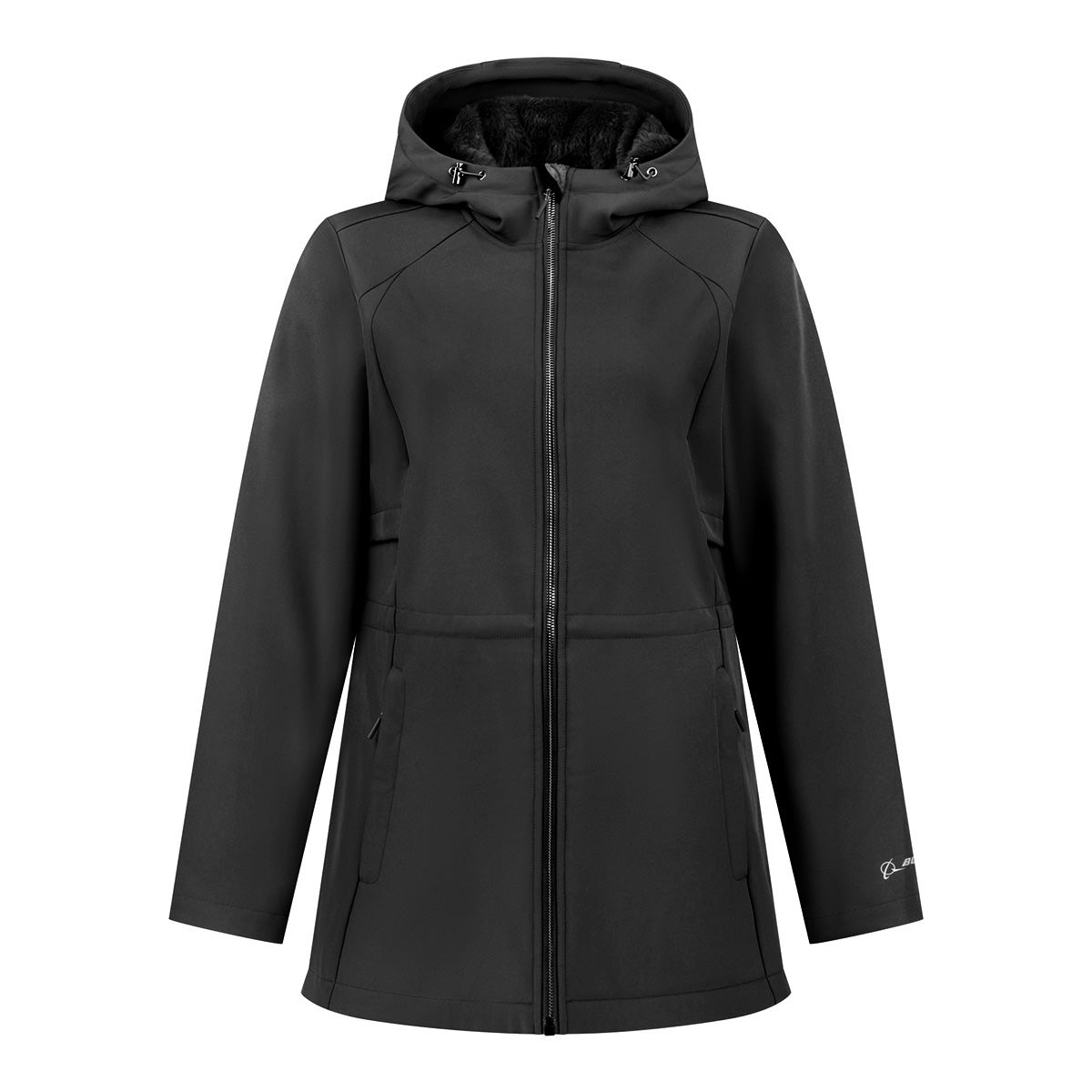 Boeing Women’s 3/4 Length Softshell Jacket in black, featuring a wind-resistant design with a hood and front zipper closure.