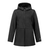 Boeing Women’s 3/4 Length Softshell Jacket in black, featuring a wind-resistant design with a hood and front zipper closure.