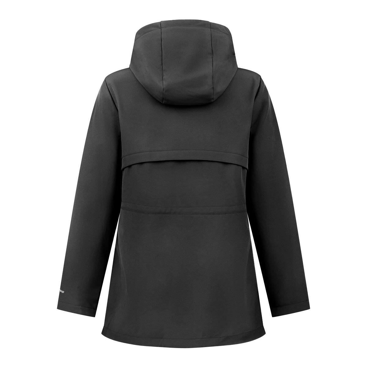 Back view of a black hooded three-quarter length wind resistant Boeing Women’s 3/4 Length Softshell Jacket.