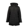Black three-quarter length hooded Boeing Women’s 3/4 Length Puffer Jacket in water-resistant recycled polyester, featuring a front zipper, belted waist, and Boeing logo.