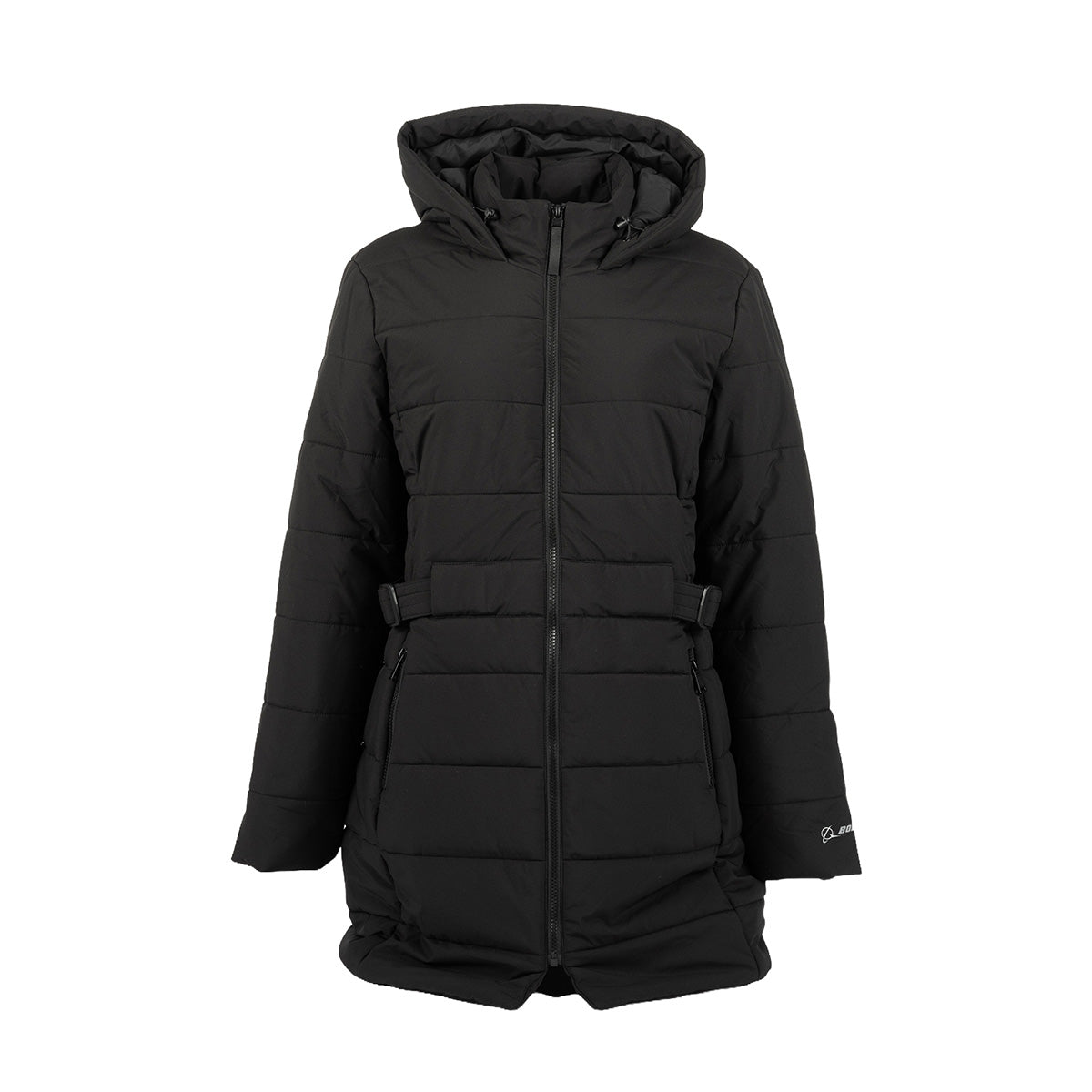 Black three-quarter length hooded Boeing Women’s 3/4 Length Puffer Jacket in water-resistant recycled polyester, featuring a front zipper, belted waist, and Boeing logo.