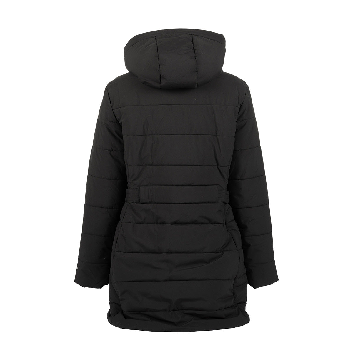 Back view of a black, water-resistant Boeing Women’s 3/4 Length Puffer Jacket featuring a hood, a belted waist, and the Boeing logo.