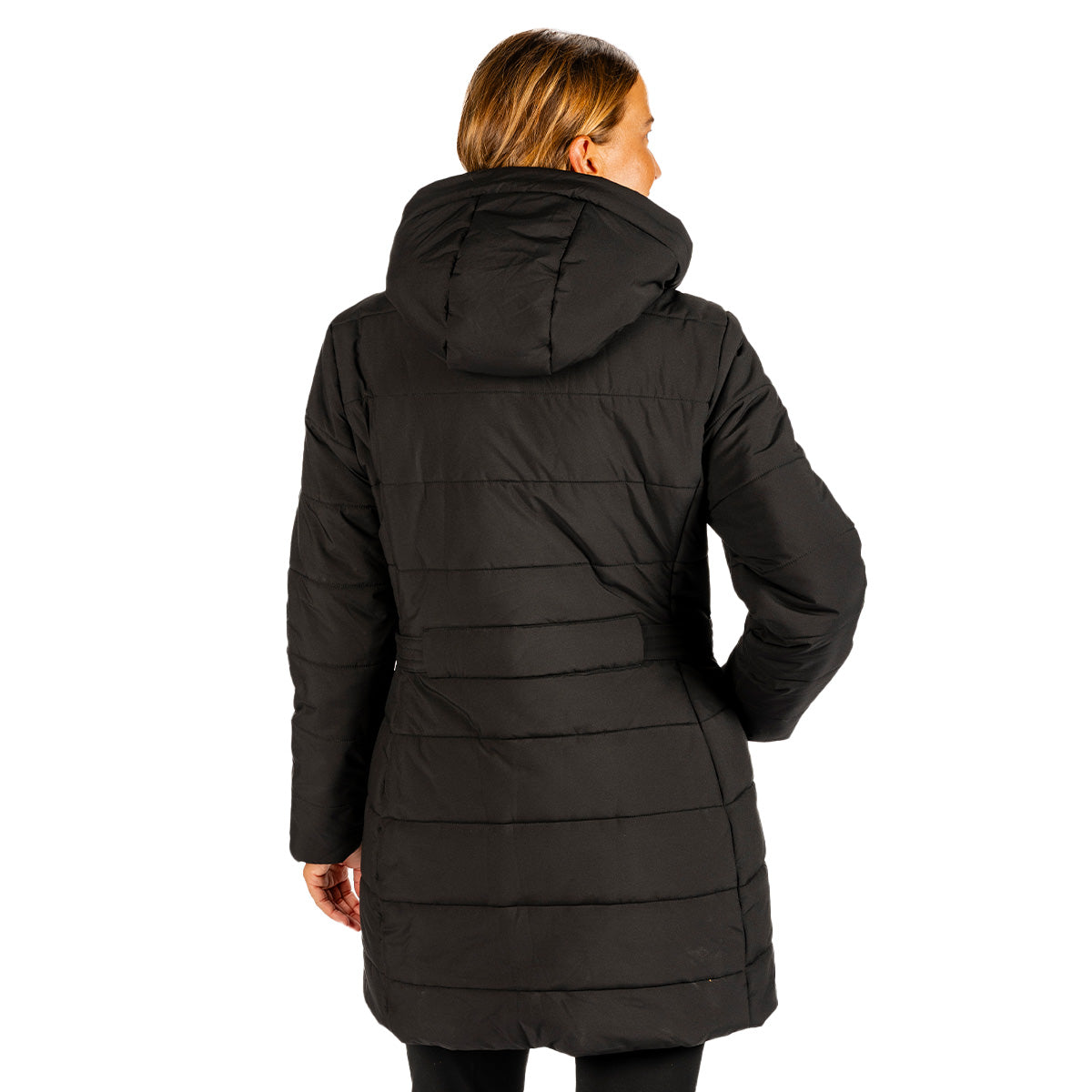 Back view of a woman wearing a black, hooded, water-resistant, three-quarter length Boeing Women’s 3/4 Length Puffer Jacket.