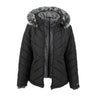 Black Boeing Women’s Hybrid Puffer Jacket in water-resistant recycled fabric with a faux fur trim and grey interior lining.